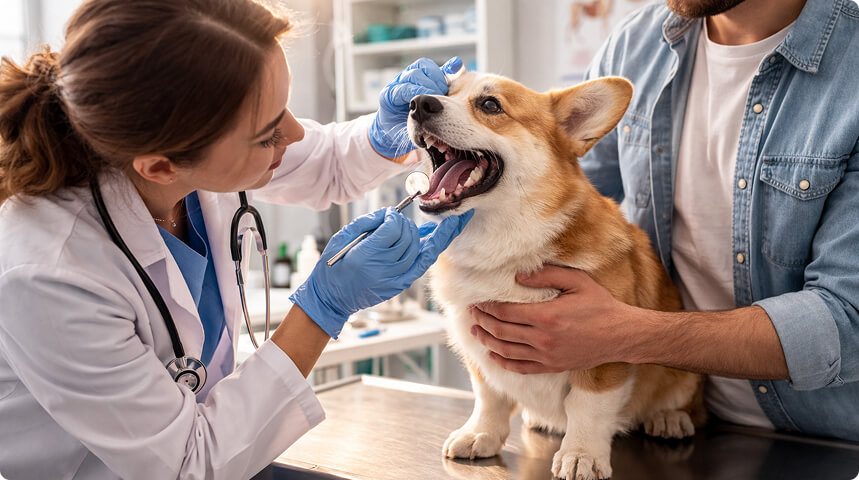 врач осматривает пасть с зеркальцем, хозяин держит пса за грудь 